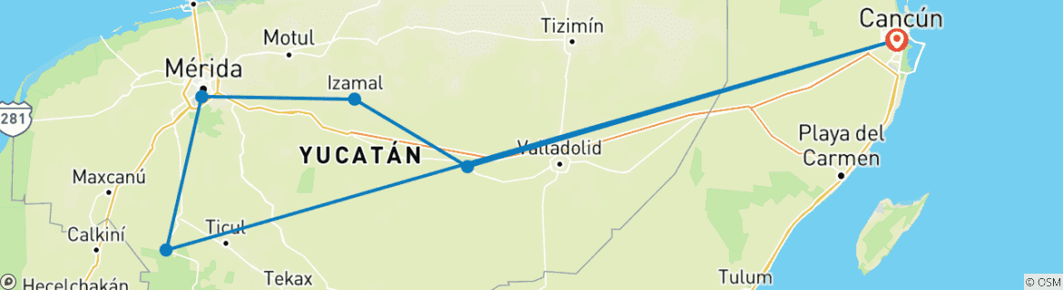 Carte du circuit MEXIQUE : UXMAL, MÉRIDA, IZAMAL , CHICHÉN ITZÁ, CANCUN - 2 JOURS