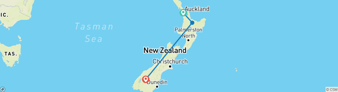 Carte du circuit Nouvelle-Zélande classique - 9 jours - Auckland, Rotorua, Queenstown.