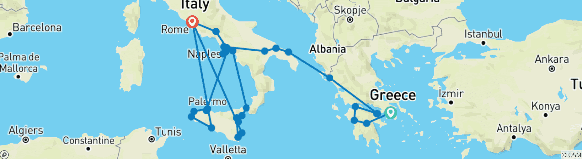 Kaart van Athene, schiereiland en compleet Sicilië (32 bestemmingen)