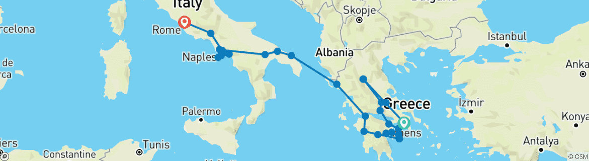 Carte du circuit Grèce complète avec les Pouilles et la Campanie (30 destinations)