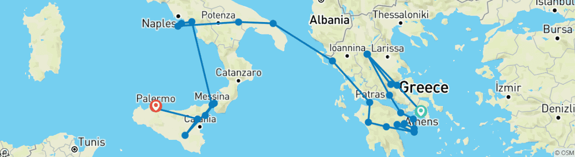 Carte du circuit Grèce complète, Pouilles, Campanie et Sicile