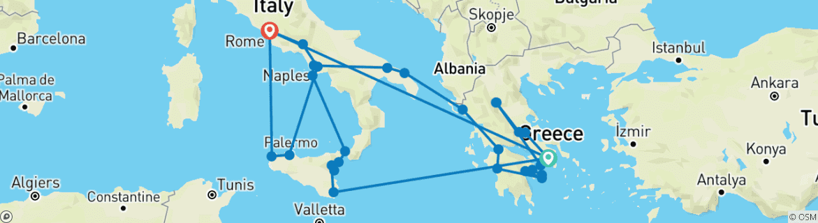 Map of Complete Greece and Sicily (43 destinations)