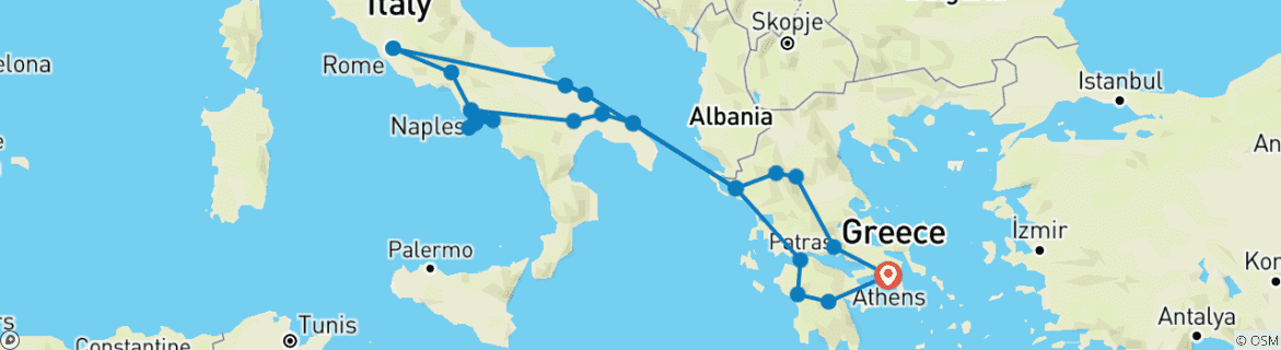 Carte du circuit Grèce et cœur de l'Italie avec Meteoras