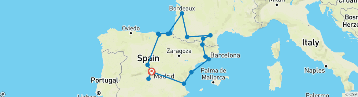 Map of Madrid, Basque Country, Andorra and Barcelona with Lourdes