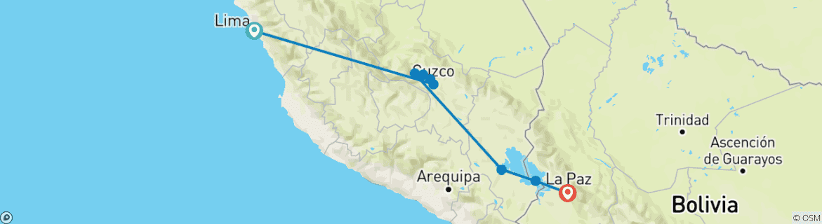 Mapa de Perú y Bolivia - Lima, Cusco, Machu Picchu, Puno y La Paz - 8 días