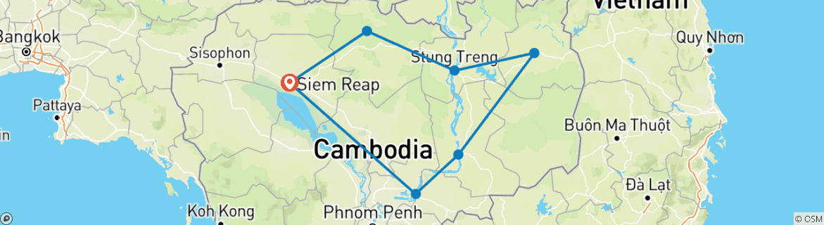 Map of Thrilling Cambodia Offroad Motorcycle Tour from Siem Reap to Preah Vihear, Banlung, Kratie - 7 Days