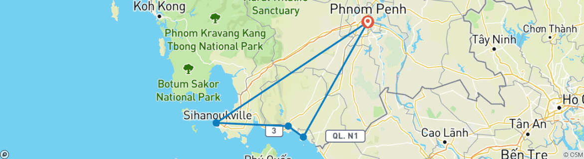 Map of Cambodia Off-road Motorcycle Tour from Phnom Penh to Kep & Koh Kong - 7 Days