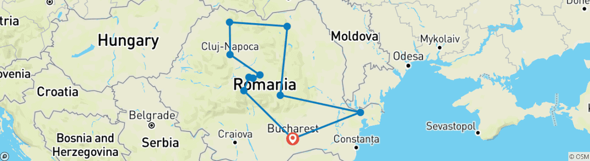 Image of a map showing the route of the tour