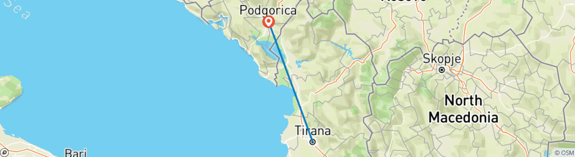 Carte du circuit Tirana à Podgorica, Monténégro Transport privé à partir de