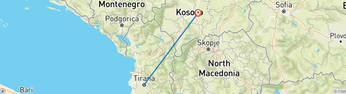 Mapa de Tirana a Pristina, Kosovo Transporte Privado