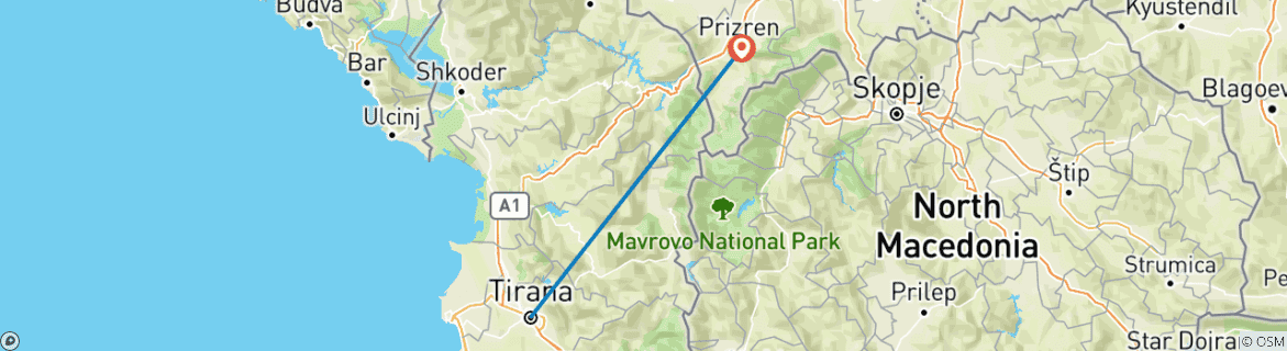 Mapa de Tirana a Prizren Transporte Privado