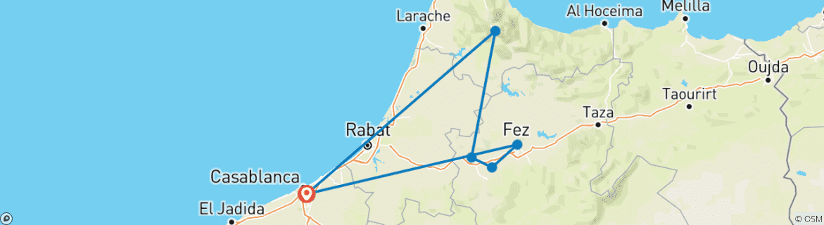 Map of 3 Days Morocco Tour From Casablanca to Chefchaouen and Fes