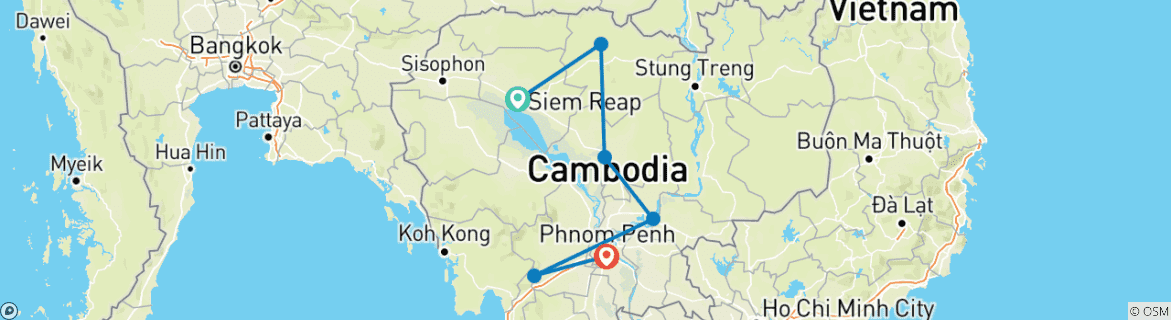 Map of Cambodia Dirt Bike Tour from Siem Reap to Phnom Penh via Preah Vihear and Mondulkiri