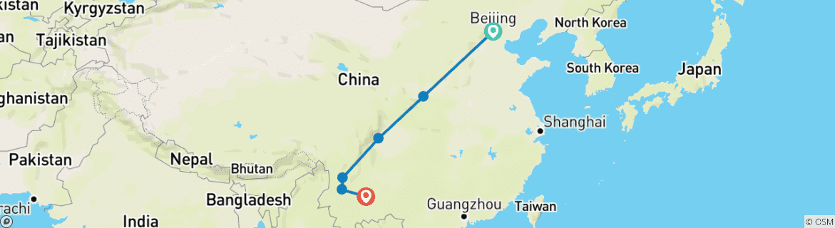 Map of Beijing to Kunming: Undiscovered China