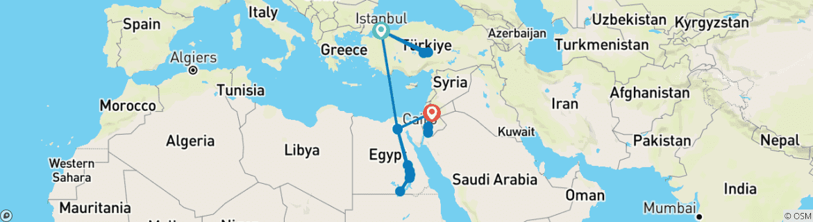 Carte du circuit Le meilleur de la Turquie, de l'Égypte et de la Jordanie (Istanbul/Cappadoce/Le Caire/Croisière sur le Nil/Petra) Tous les vols sont inclus.