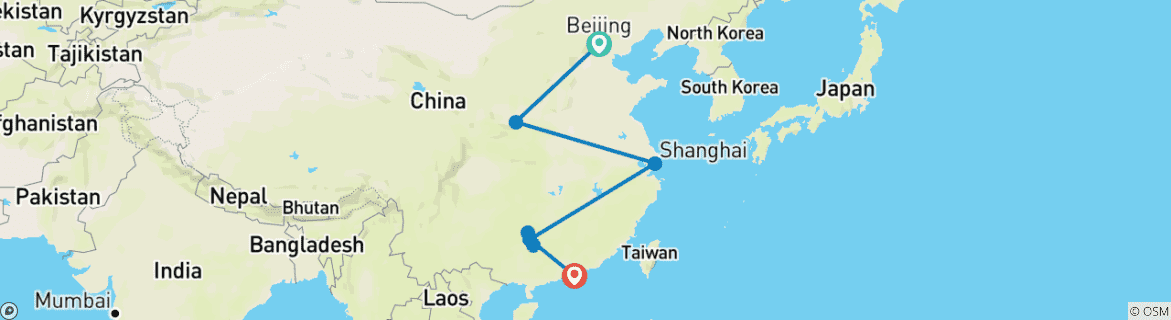 Map of Beijing to Guilin and Hong Kong (4-5 Star) - 13 days