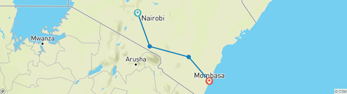 Map of 3-Day Amboseli -Tsavo East -Mombasa Midrange Safari