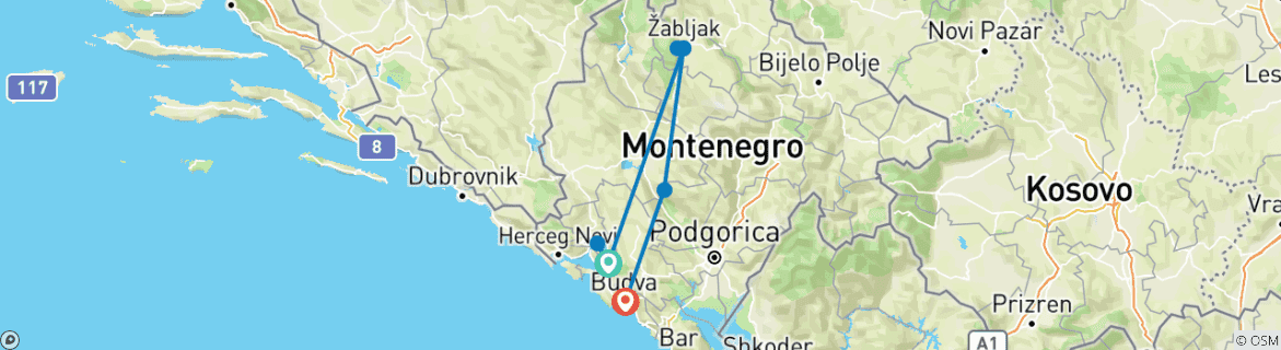 Carte du circuit Monténégro - Villes médiévales et montagnes majestueuses