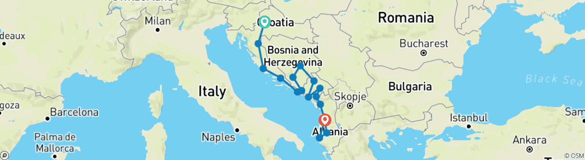 Map of Classic Balkans:  Croatia to Albania