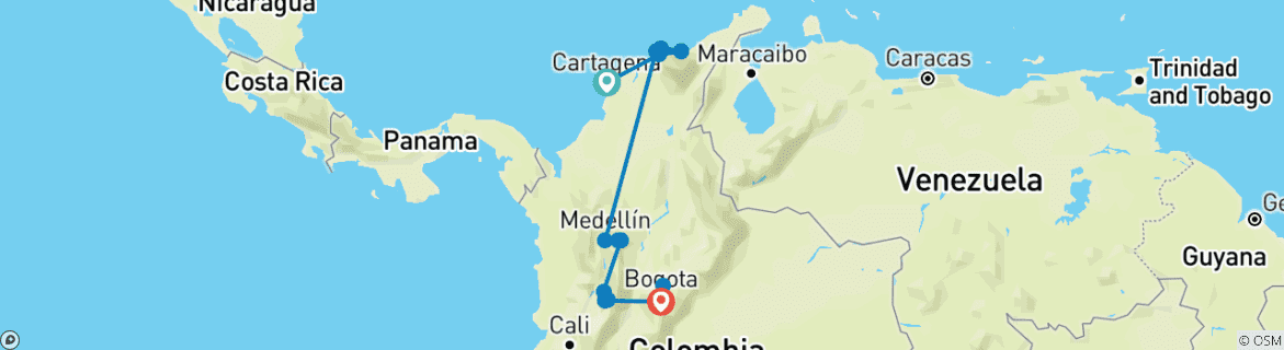 Carte du circuit La Colombie dans son intégralité : la côte des Caraïbes et les trésors de l'intérieur des terres