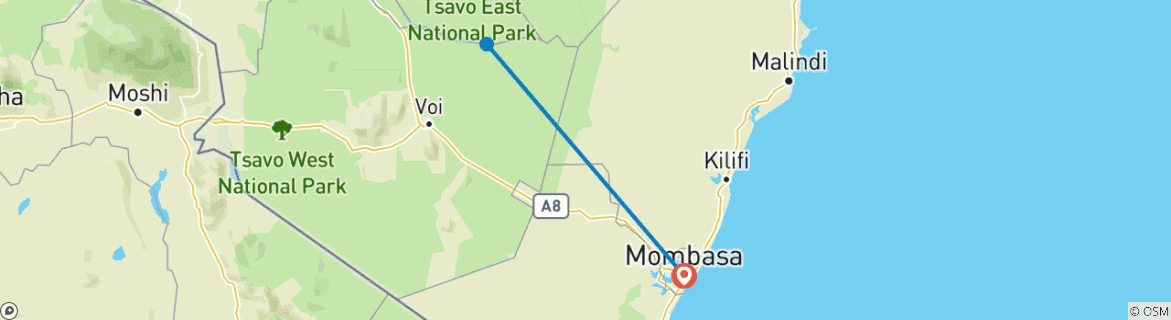 Karte von 1 Tag Tsavo Ost Tour von Mombasa - 20% Rabatt