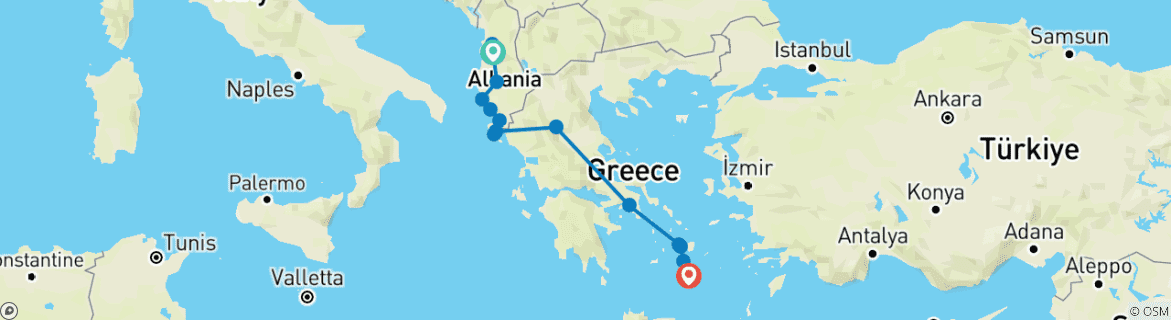 Mapa de De Tirana a Santorini: La Riviera Albanesa y las Islas Griegas Icónicas