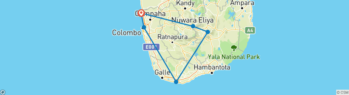 Image of a map showing the route of the tour