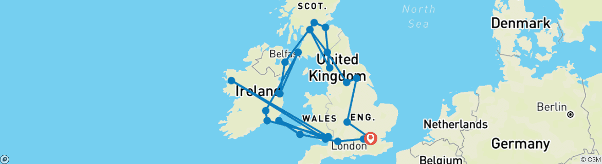 Carte du circuit Plaisirs de Grande-Bretagne et d'Irlande (2025, 10 jours)