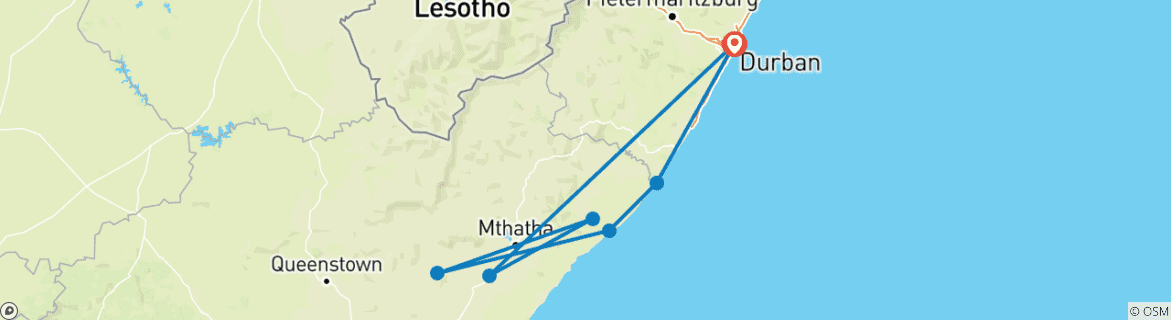 Image of a map showing the route of the tour