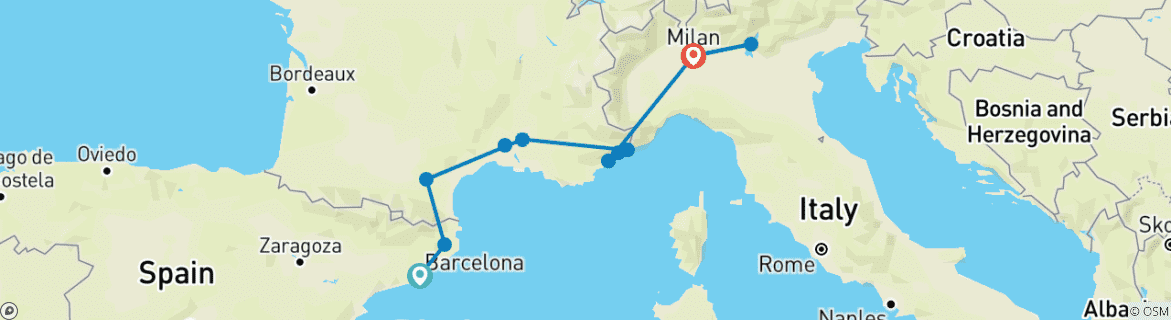 Map of Barcelona, Southern France & Northern Italy Journey