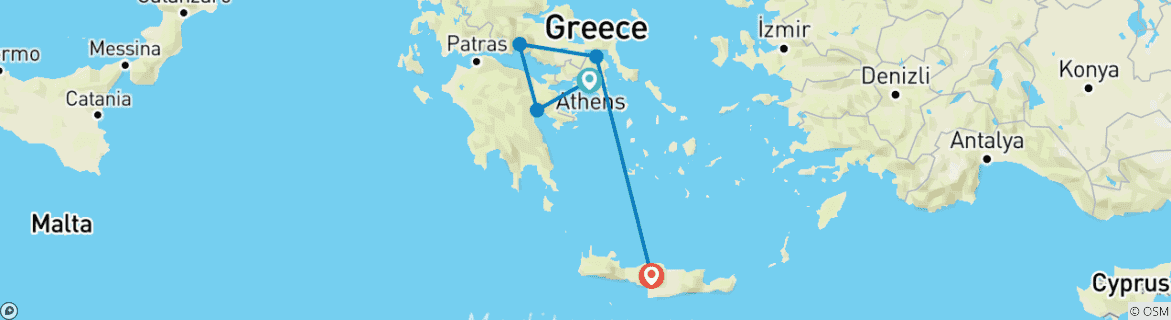 Map of 12-Day Journey Through Greek Heritage: Athens, Nafplio, Delphi, Meteora & Crete (up to 16 people)