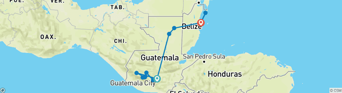 Carte du circuit L'expérience du Guatemala et du Belize en 9 jours