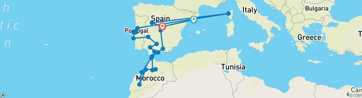 Mapa de Circuito de 22 días Barcelona, Portugal, Andalucía y Marruecos