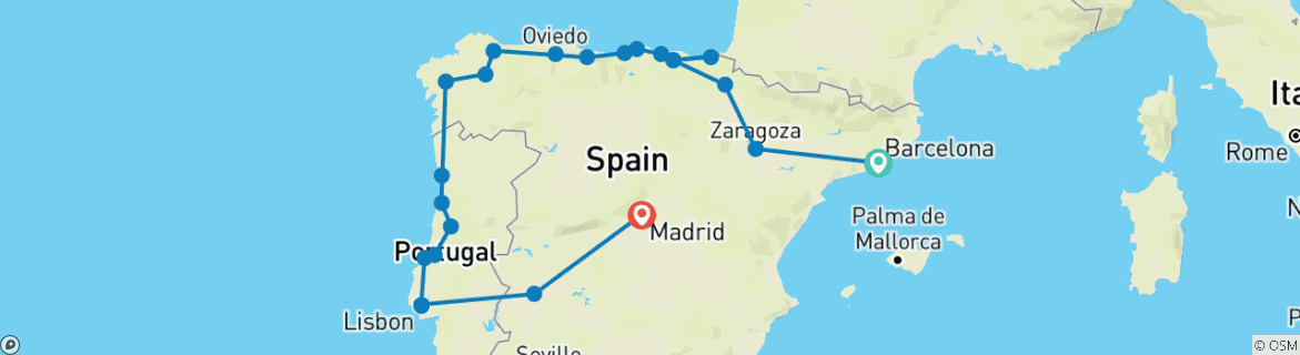 Kaart van 17D Spanje & Portugal Premium Kleine Groepsreis