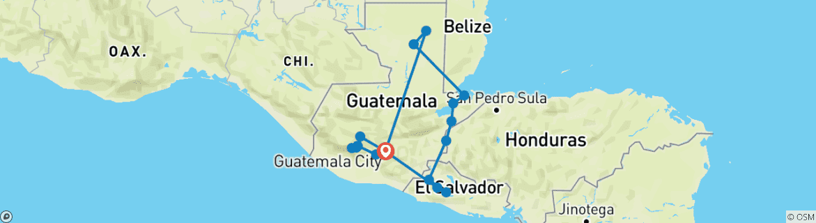 Kaart van Programma Maya Driehoek - Guatemala, El Salvador & Honduras in 10 dagen