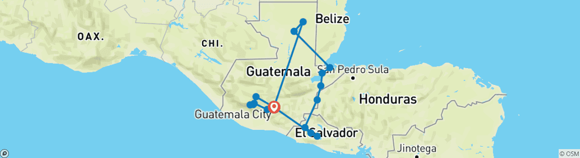 Map of Mayan Triangle Program - Guatemala, El Salvador & Honduras in 10 days