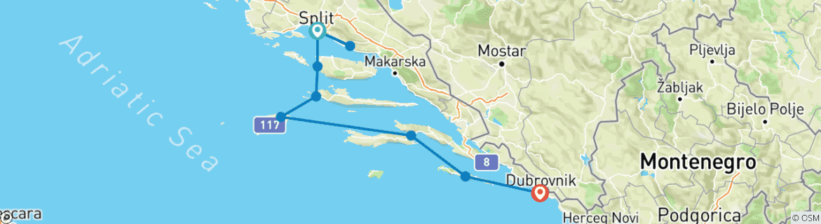 Image of a map showing the route of the tour