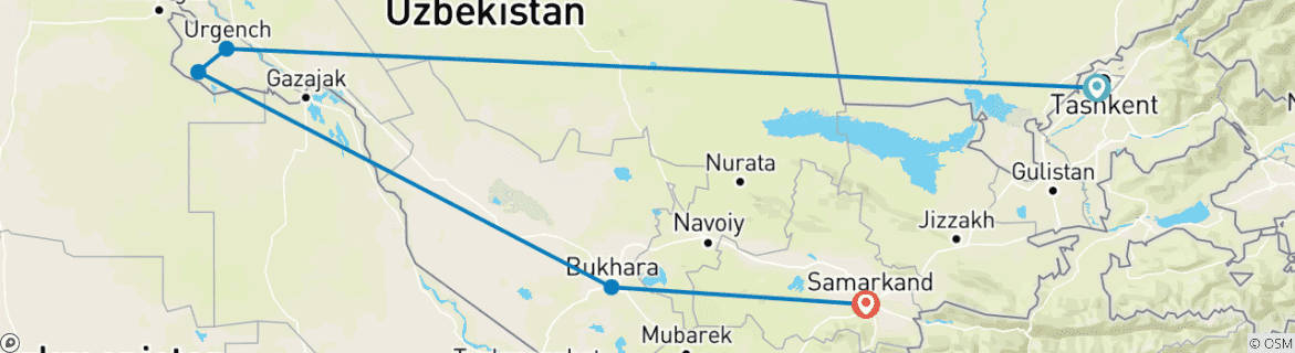 Carte du circuit Fixer le départ TOUR DE L'OUZBEKISTAN