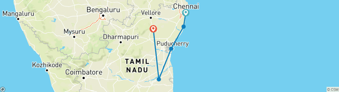 Map of 7-Day Private Spiritual Journey from Chennai to Tiruvannamalai