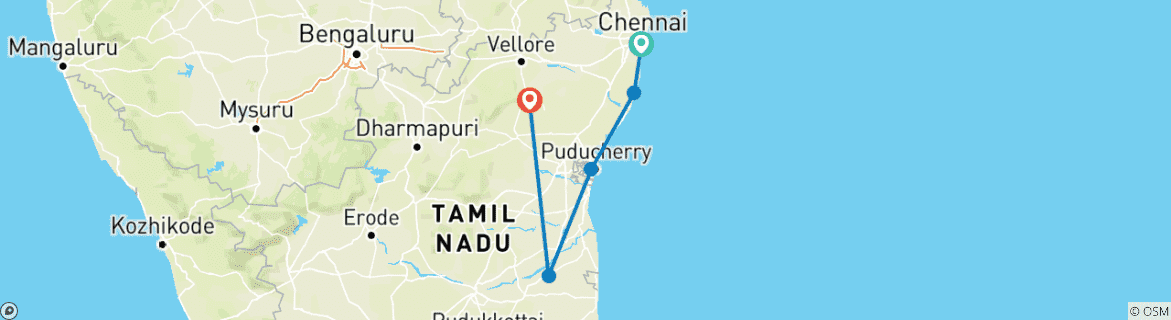Carte du circuit Voyage spirituel privé de 7 jours de Chennai à Tiruvannamalai