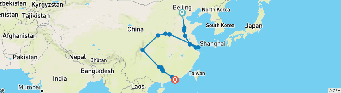 Map of Northern and southern China end Hong Kong (20 destinations)