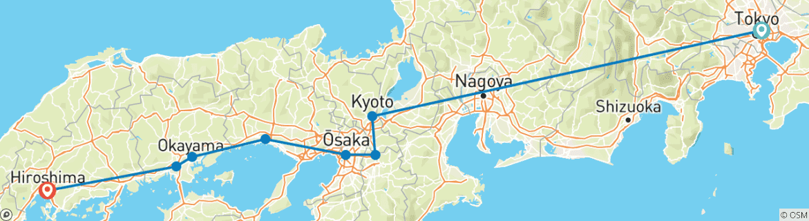 Mapa de Tokio, Kioto e Hiroshima (8 destinations)