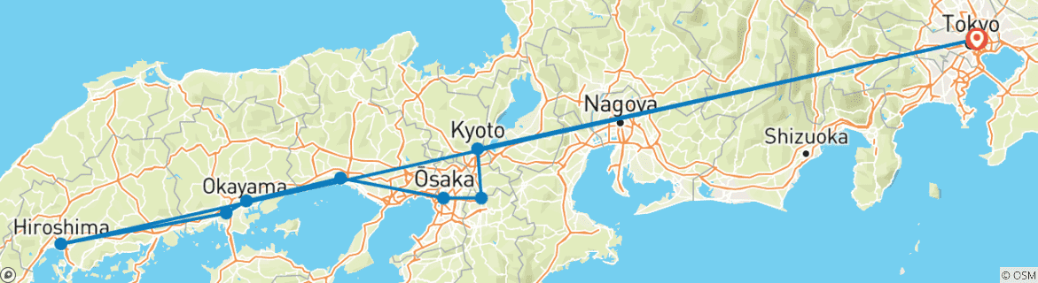 Mapa de Tokio, Kioto e Hiroshima finalizando en Tokio (9 destinations)