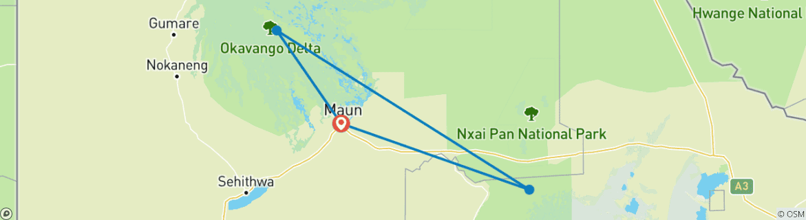 Mapa de Únete a Nuestro Safari Todo Incluido de 4 Días por Boteti, Pans y Delta