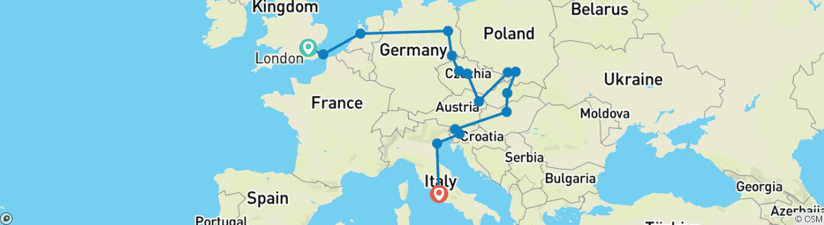Image of a map showing the route of the tour