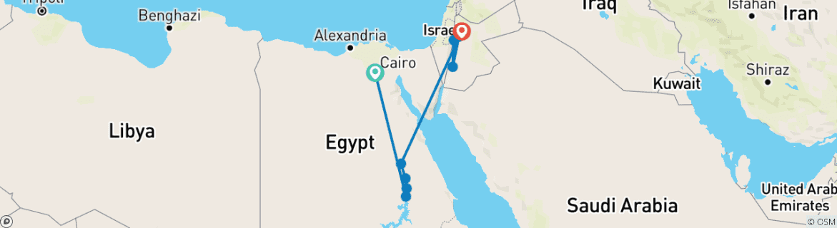 Map of 14 Day Luxury Classic Egypt & Jordan with 4 Day Nile Cruise