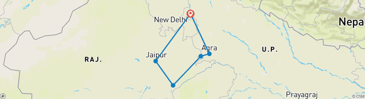 Kaart van 6 nachten Gouden Driehoek met tijger (Delhi &gt; Agra &gt; Ranthambore &gt; Jaipur)