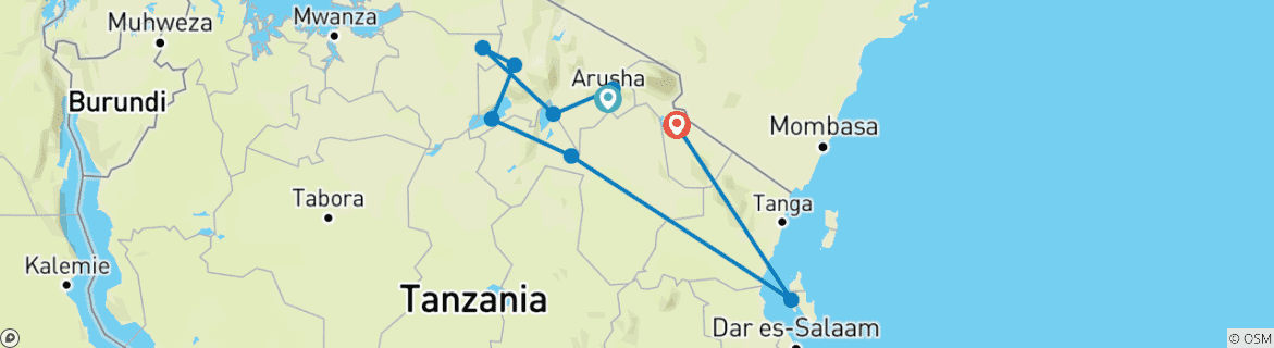 Map of 19-DAY TANZANIA NORTHERN PARKS AND ZANZIBAR BEACH HOLIDAY