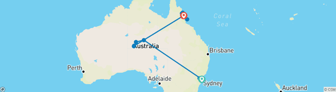 Kaart van Het beste van Australië (van Sydney naar Cairns)