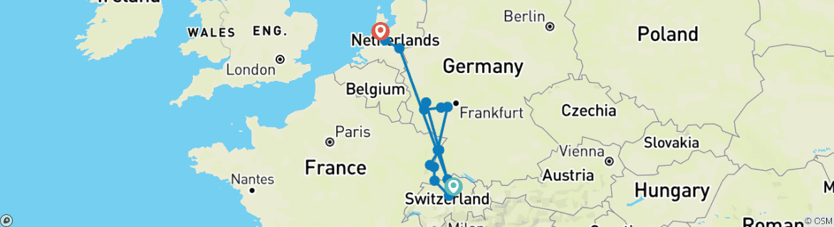 Carte du circuit Lucerne - Zurich, châteaux du Rhin et vignobles de la Moselle